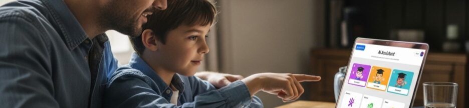 Parent et enfant utilisant un assistant IA pour les devoirs