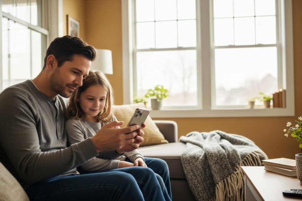 Parent et enfant utilisant un iPhone dans un salon