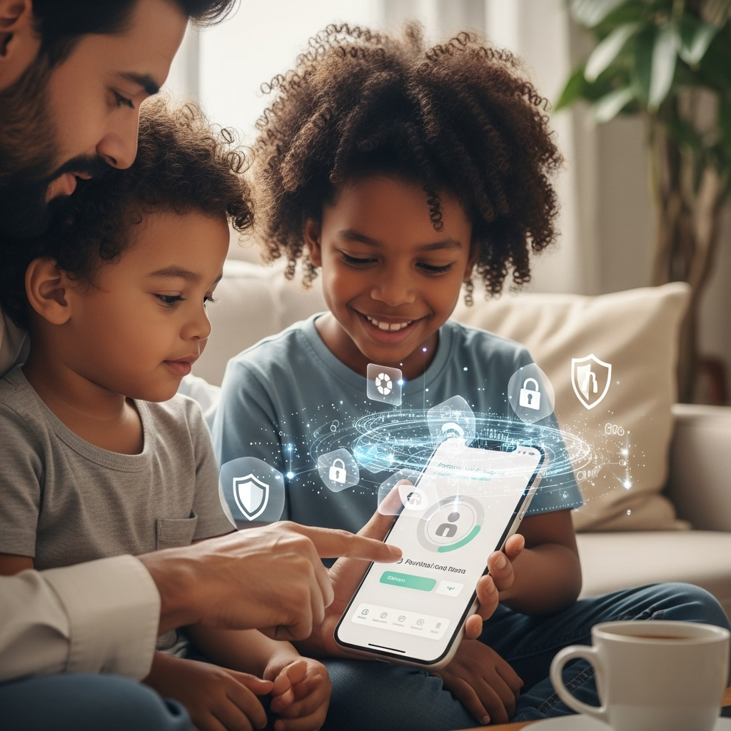 Parent et enfant utilisant un iPhone