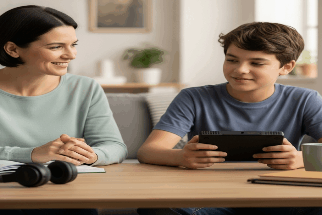 Parent et préadolescent avec console portable
