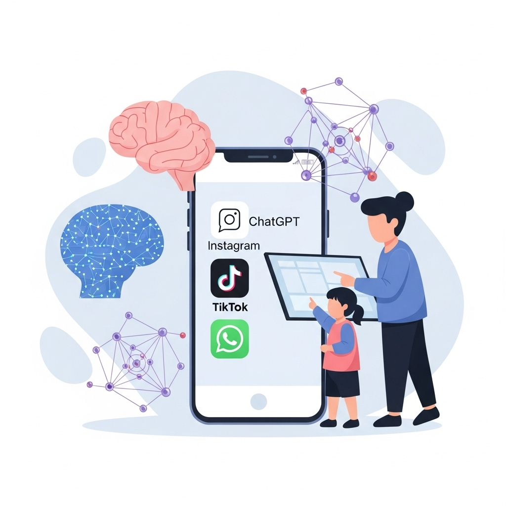 Smartphone avec icônes d’applications mobiles populaires et famille utilisant la technologie