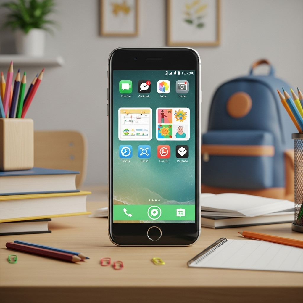 Smartphone éducatif pour enfants sur un bureau scolaire