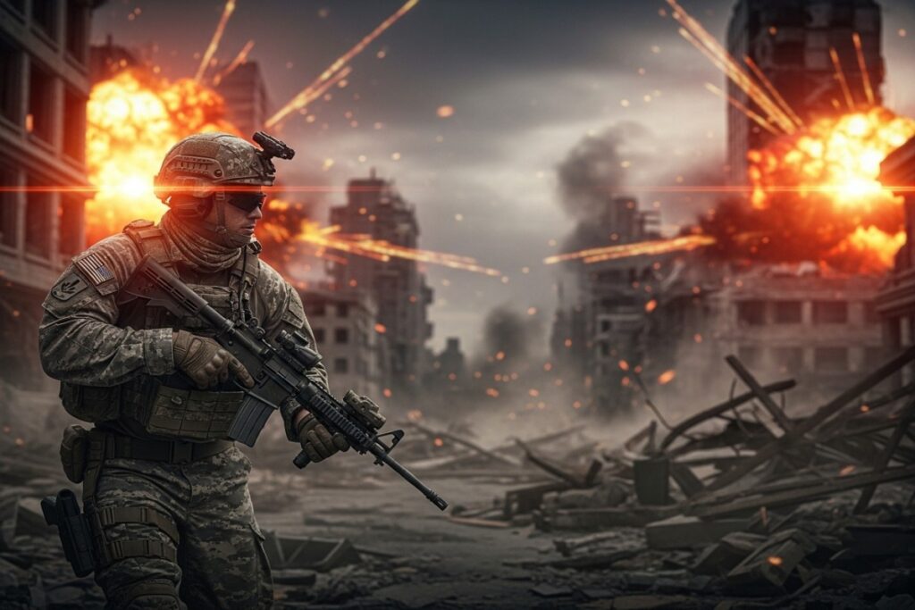 Soldat américain en mission dans un champ de bataille réaliste