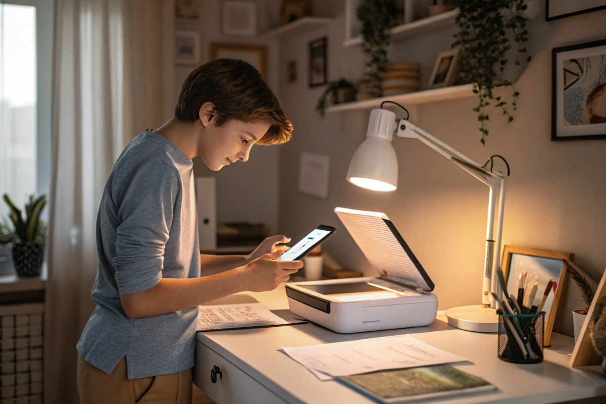 Un adolescent qui utilise son smartphone pour scanner