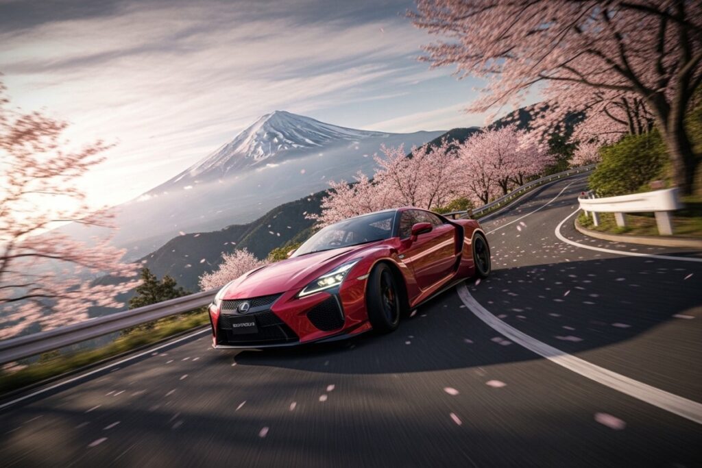 Voiture de sport sur route japonaise au Mont Fuji