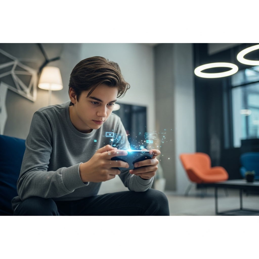 Adolescent jouant à un jeu mobile