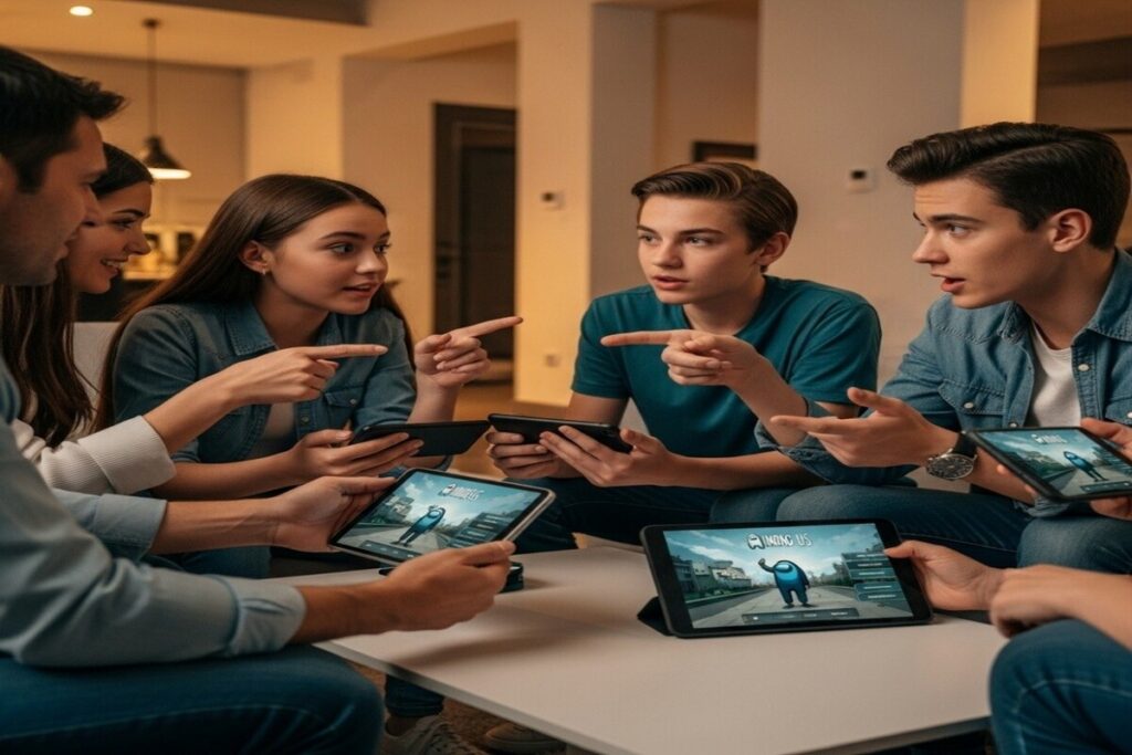 Des amis jouant à Among Us sur leur appareil mobile