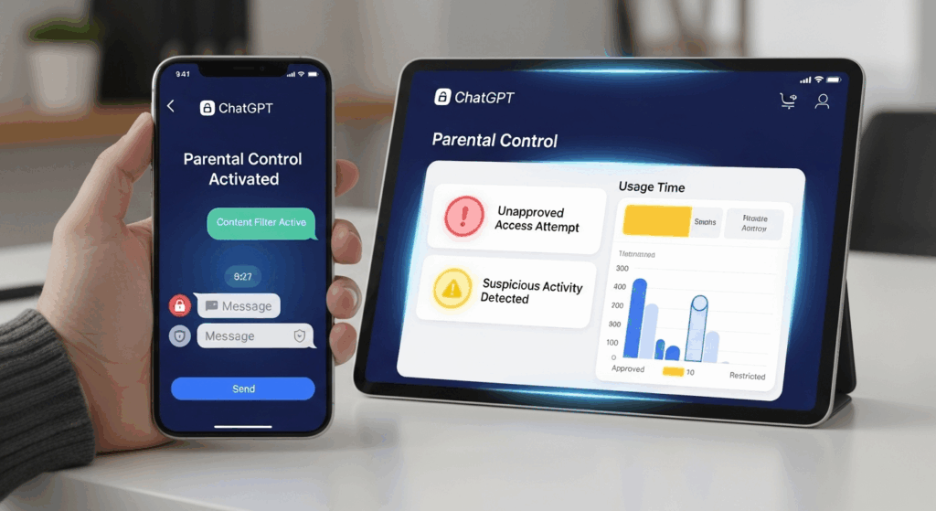 Smartphone et tablette affichant une interface ChatGPT en mode contrôle parental