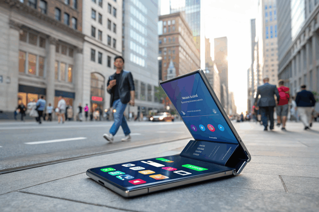 Smartphone pliable affichant une application mobile intelligente adaptative 