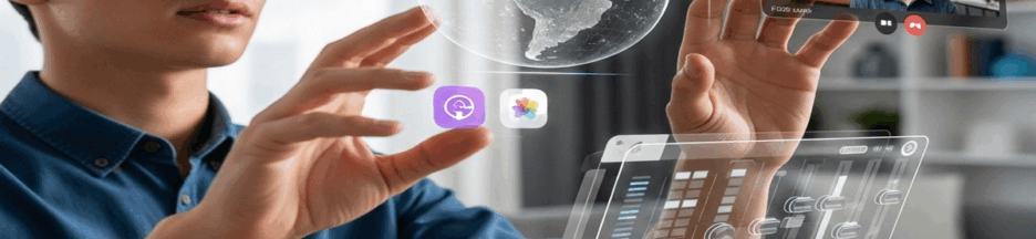 Utilisateur portant l'Apple Vision Pro 2 interagissant avec des éléments de réalité mixte flottants