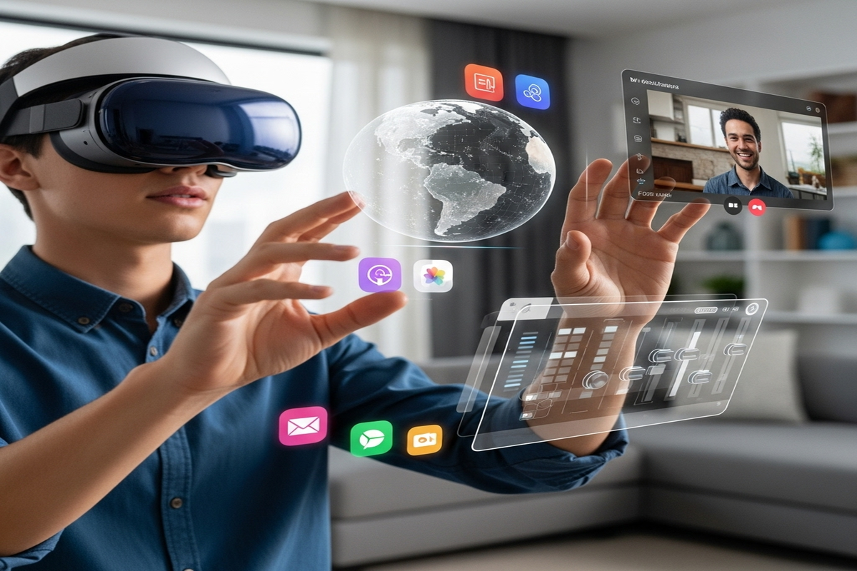 Utilisateur portant l'Apple Vision Pro 2 interagissant avec des éléments de réalité mixte flottants