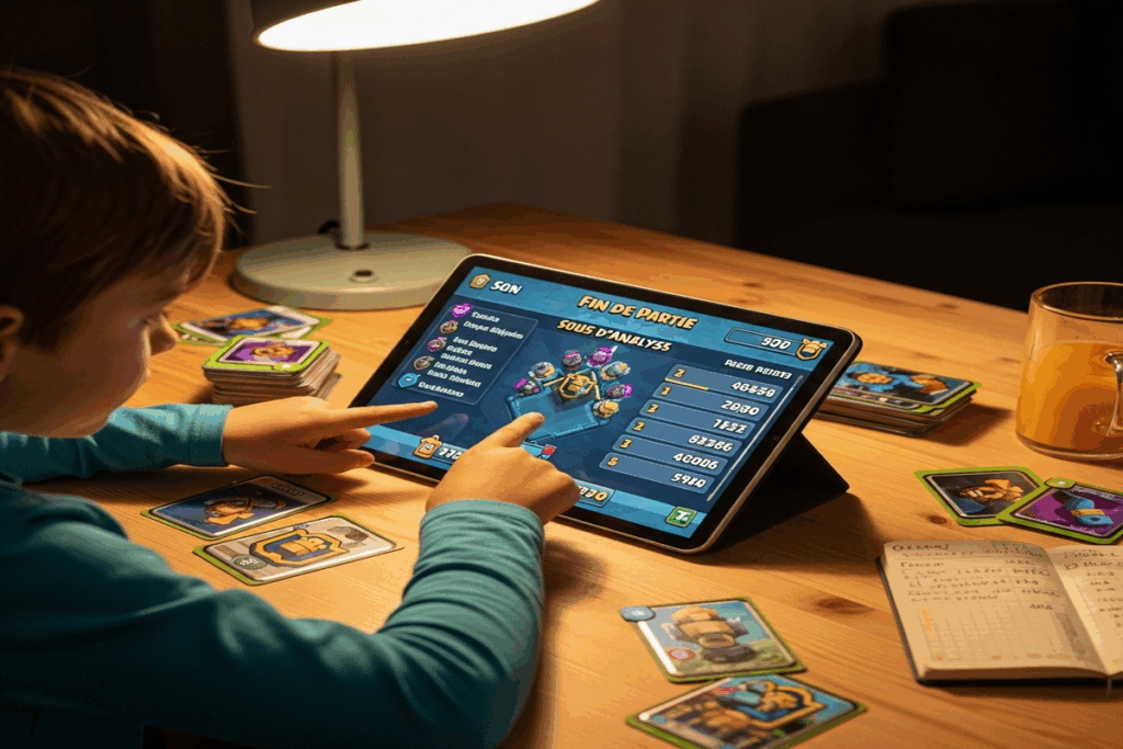 Un enfant concentre analysant ses performances de jeu sur sa tablette