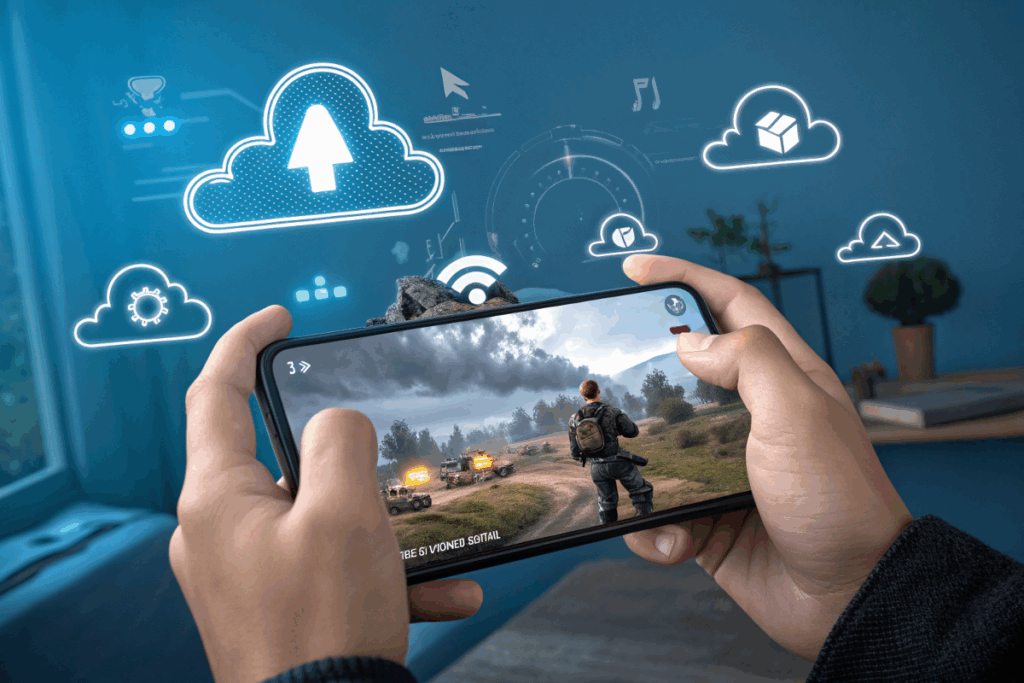 Une personne tenant un portable et jouant au Cloud Gaming