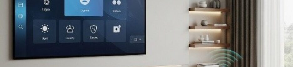 Maison connectée moderne avec écran de contrôle domotique et objets intelligents intégrés