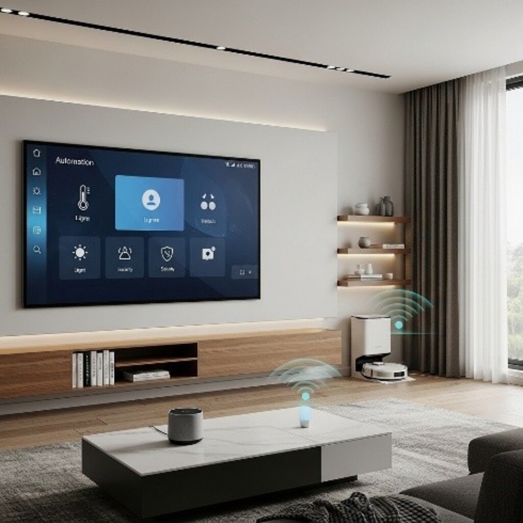 Maison connectée moderne avec écran de contrôle domotique et objets intelligents intégrés