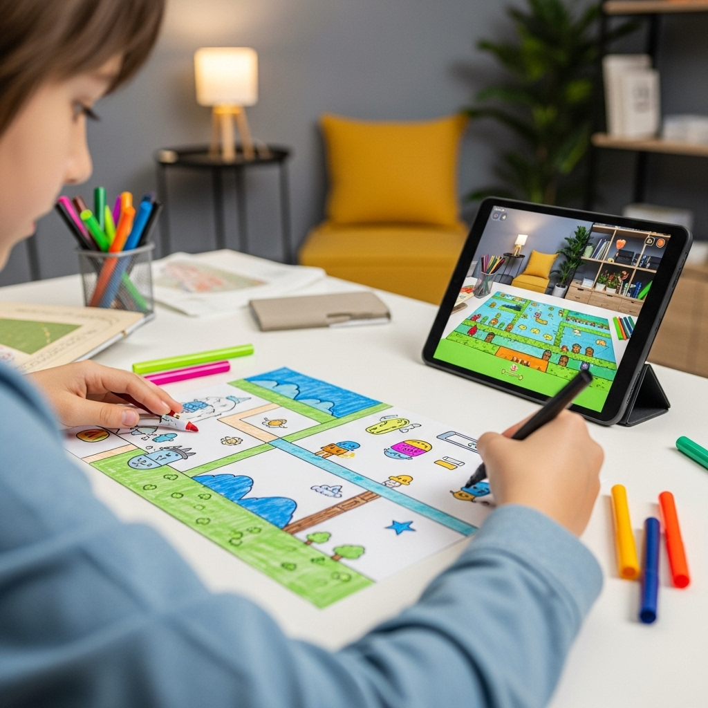 Enfant créant un jeu vidéo à partir de son dessin