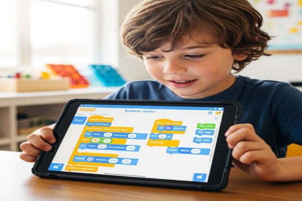 Un enfant tenant sa tablette qui affiche des contenus colorés