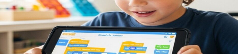 Un enfant tenant sa tablette qui affiche des contenus colorés
