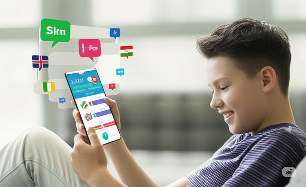 Enfant utilisant une application mobile pour apprendre une langue