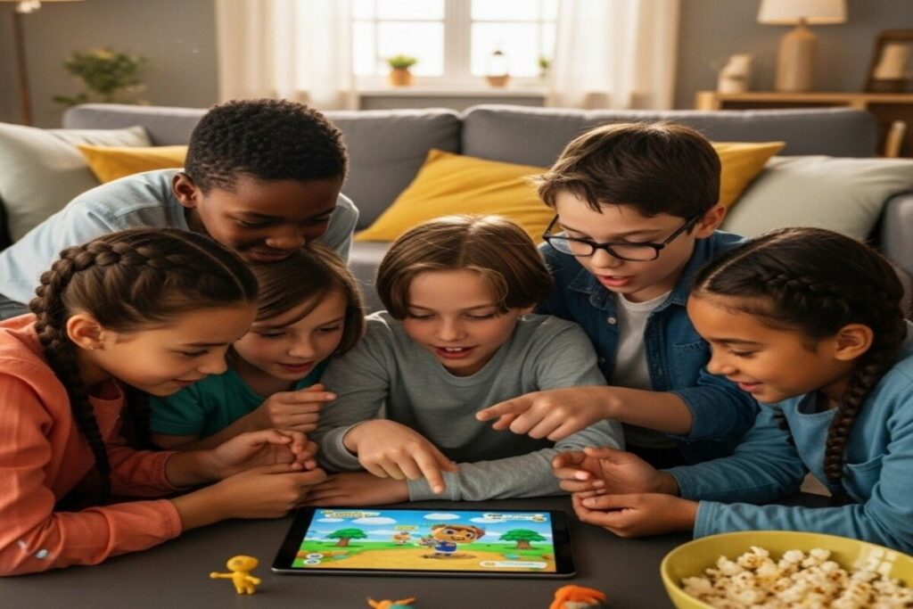 groupe d'enfants jouant ensemble a Animal Crossing