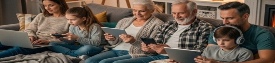 famille-duolingo Famille trois generations utilisant Duolingo sur appareils mobiles
