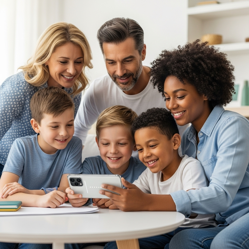 Famille utilisant un smartphone moderne ensemble