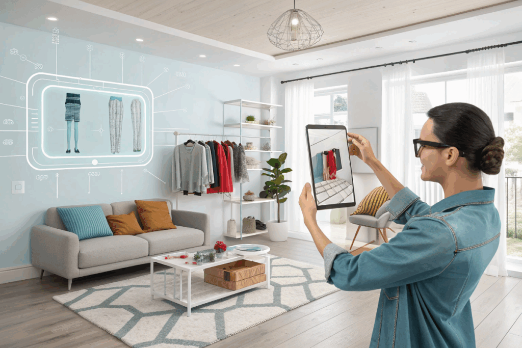 Femme utilisant la réalité augmentée via son smartphone 