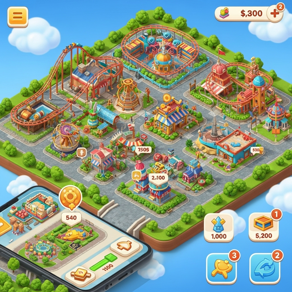 Image d'un parc d'attractions 3D interactif dans un jeu mobile