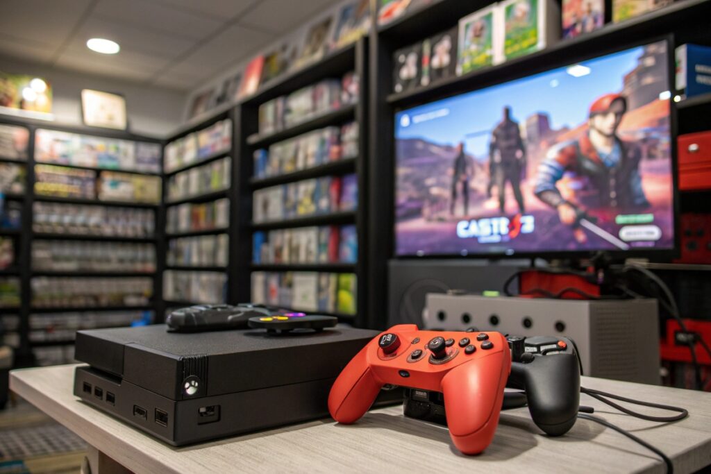 Un jeu vidéo et une console