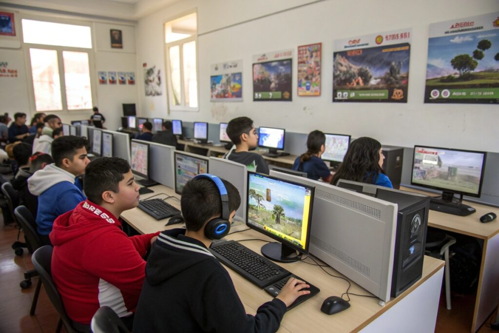 Des enfants jouant à des jeux vidéo en classe