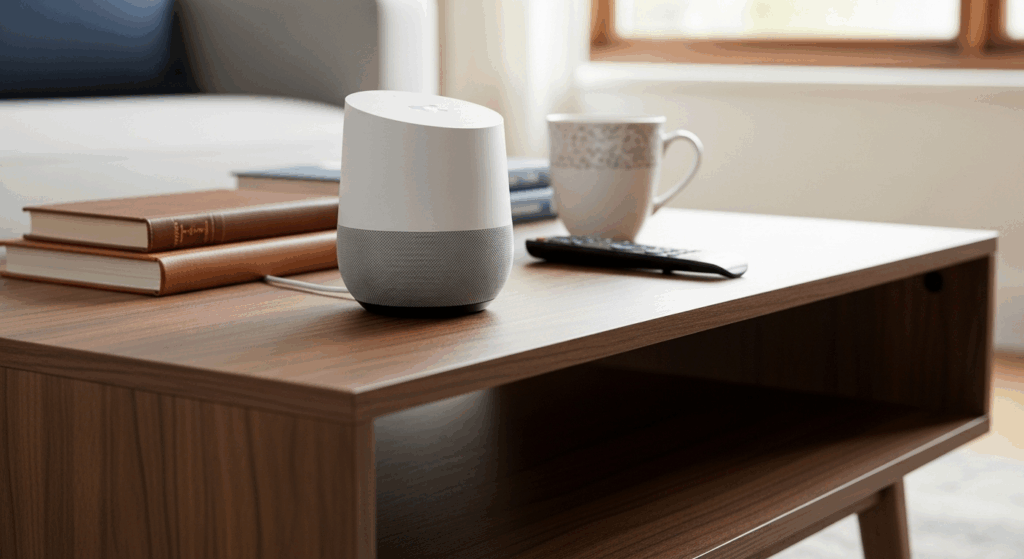 L’appareil Google Home sur une table de salon