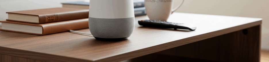 L’appareil Google Home sur une table de salon