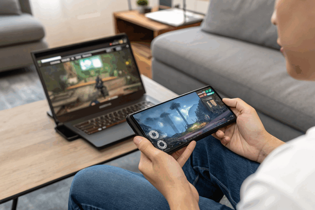 Une personne regardant un gameplay sur son portable et son ordinateur en simultané