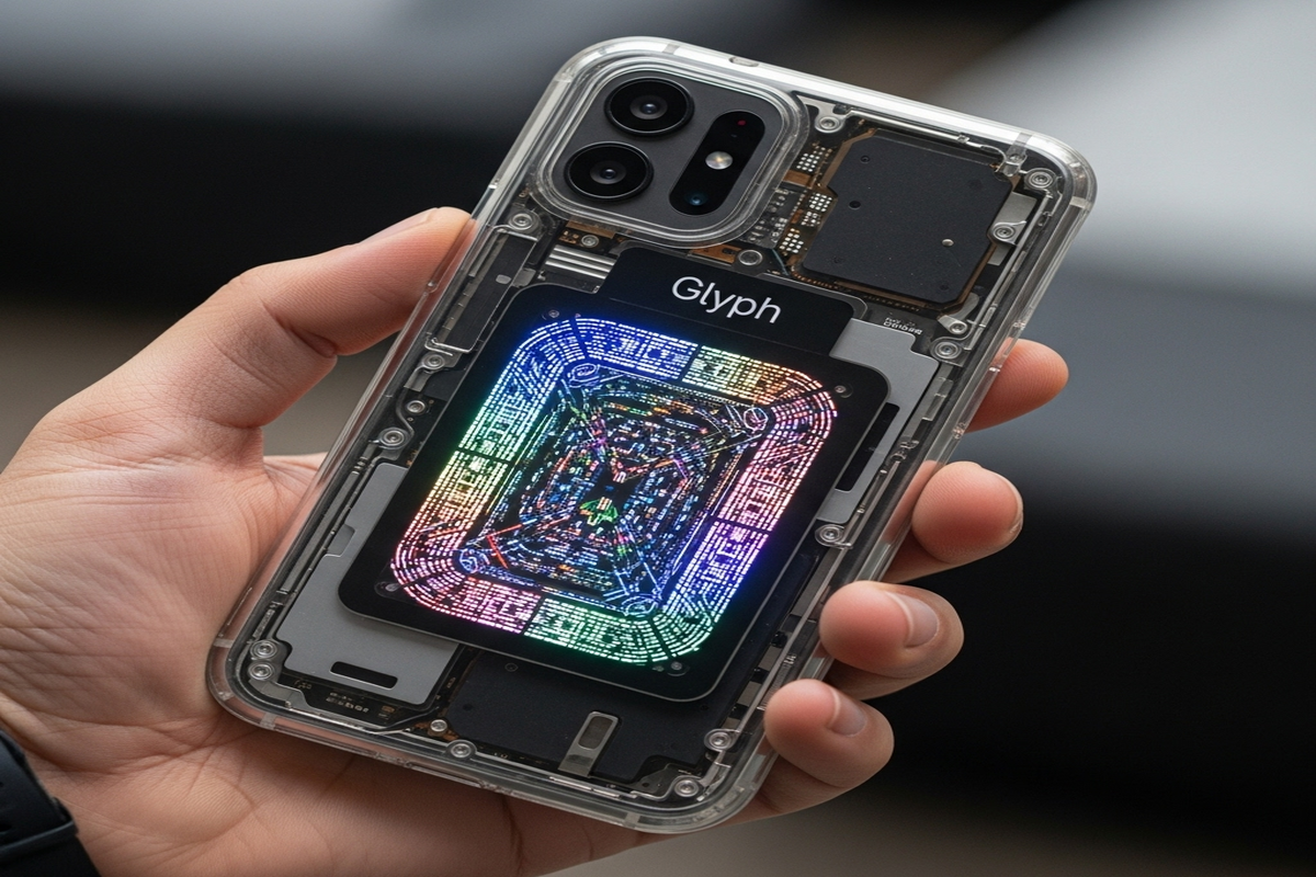 Main tenant le Nothing Phone (3) transparent avec LED Glyph formant des motifs lumineux colorés