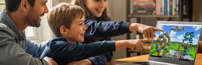 Parent et enfants utilisant Minecraft Education sur ordinateur portable dans environnement familial chaleureux