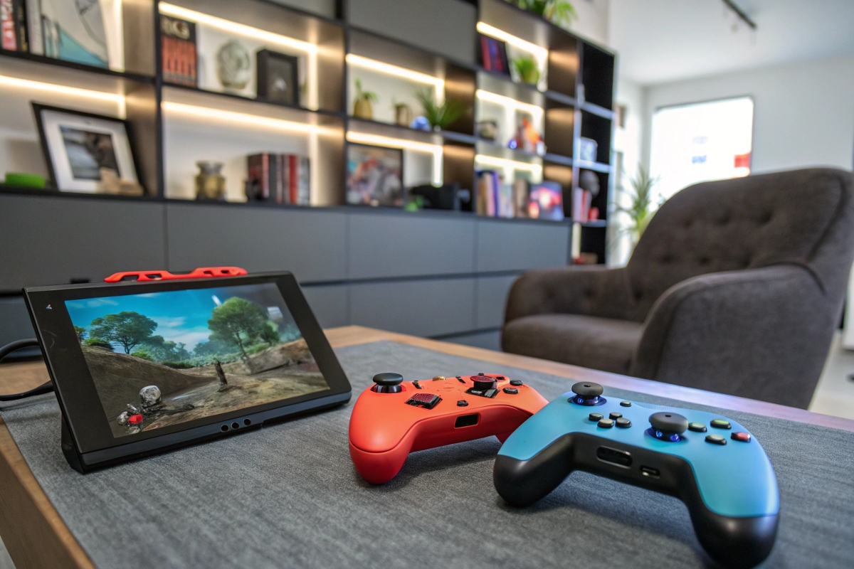 Des manettes de jeux vidéo et une console portable