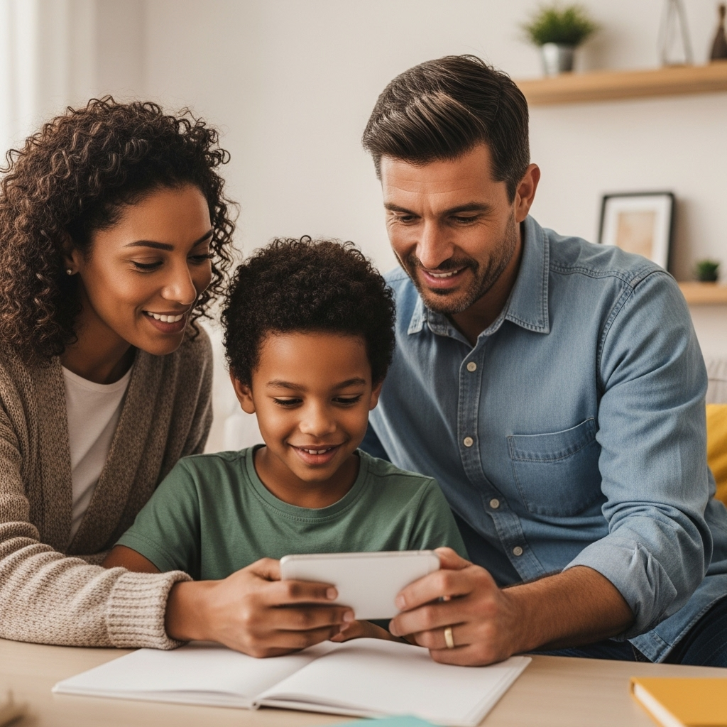 Parents et enfant avec smartphone