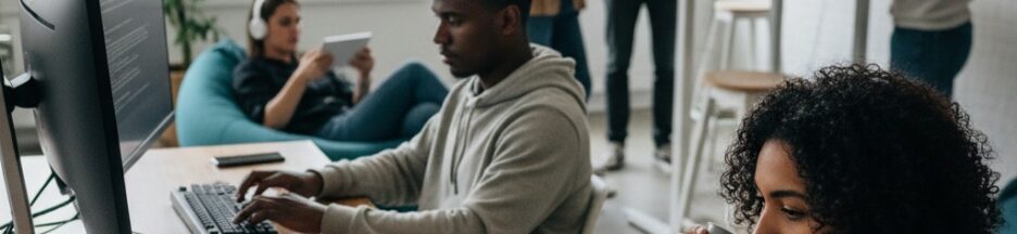 Personnes utilisant ordinateurs et smartphones
