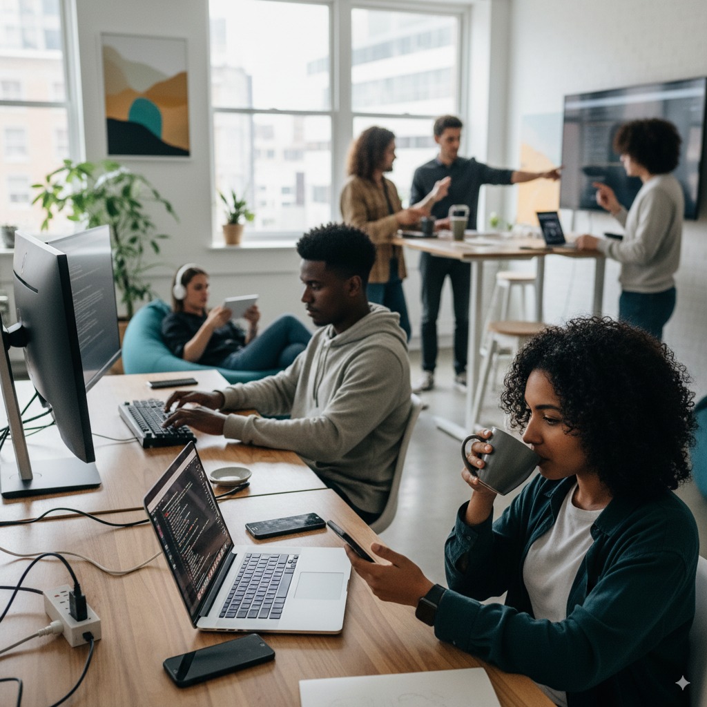 Personnes utilisant ordinateurs et smartphones