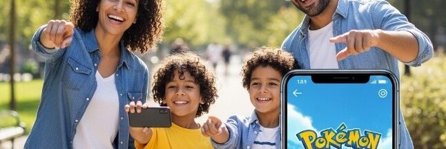 Famille de quatre personnes marchant dans parc urbain en utilisant Pokemon GO sur smartphones