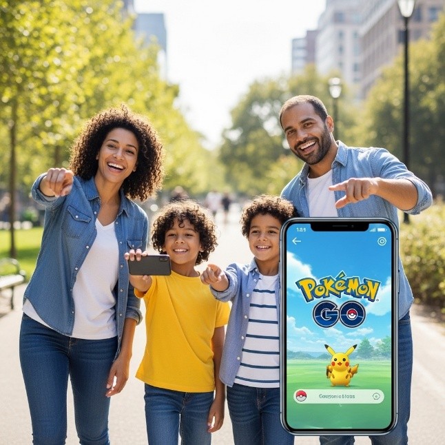 Famille de quatre personnes marchant dans parc urbain en utilisant Pokemon GO sur smartphones