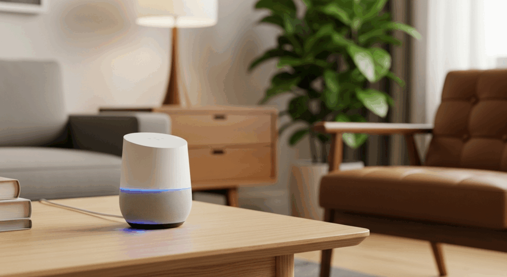 Salon moderne avec appareil Google Home