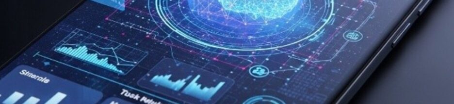 Smartphone moderne avec interface intelligence artificielle et éléments visuels futuristes