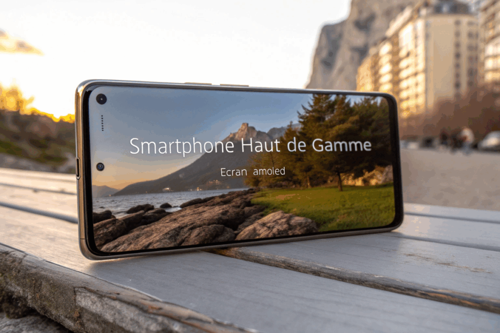 Smartphone haut de gamme posée sur une planche