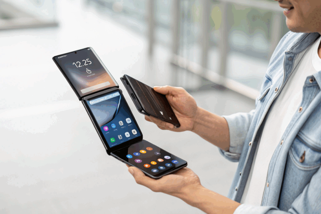 Comparaison visuelle entre un smartphone pliable fermé et ouvert