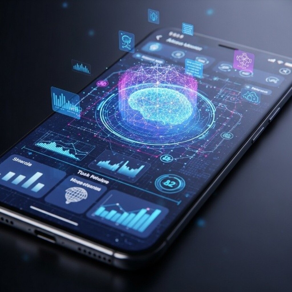 Smartphone moderne avec interface intelligence artificielle et éléments visuels futuristes