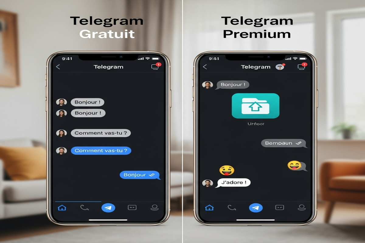 Comparaison visuelle entre Telegram gratuit et Premium sur écran divisé