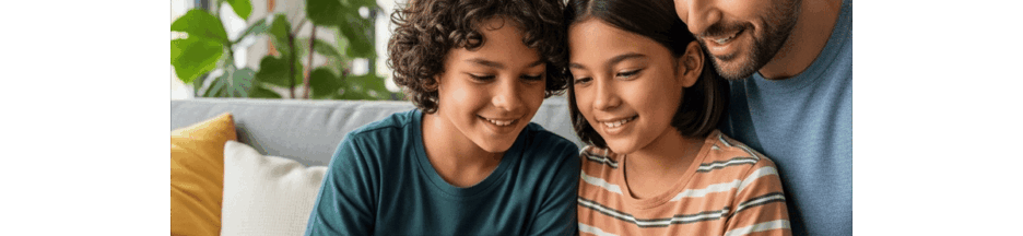 un papa jouant avec ses enfants sur une tablette