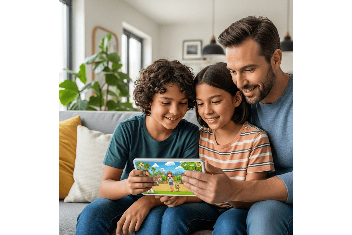 un papa jouant avec ses enfants sur une tablette