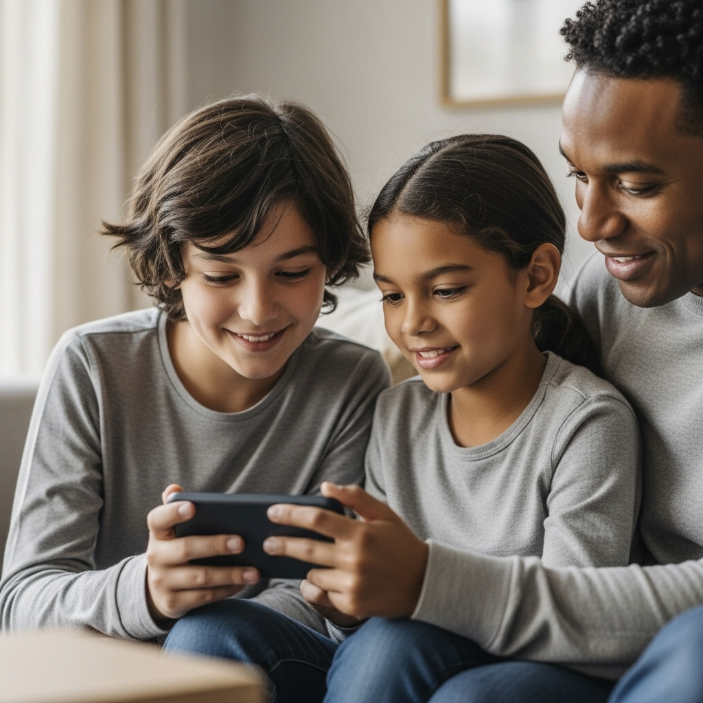 Un père et ses deux enfants discutant d'un jeu mobile sur tablette